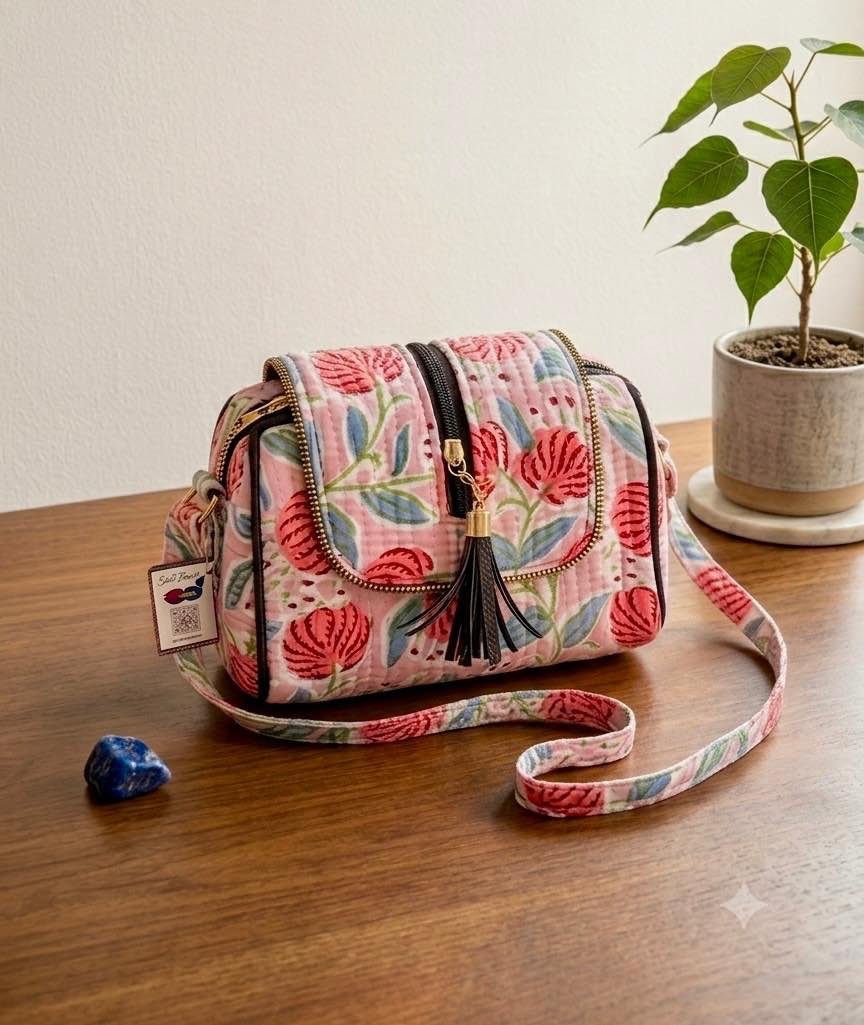 Pink Floral Block Print Quilted Sling Bag