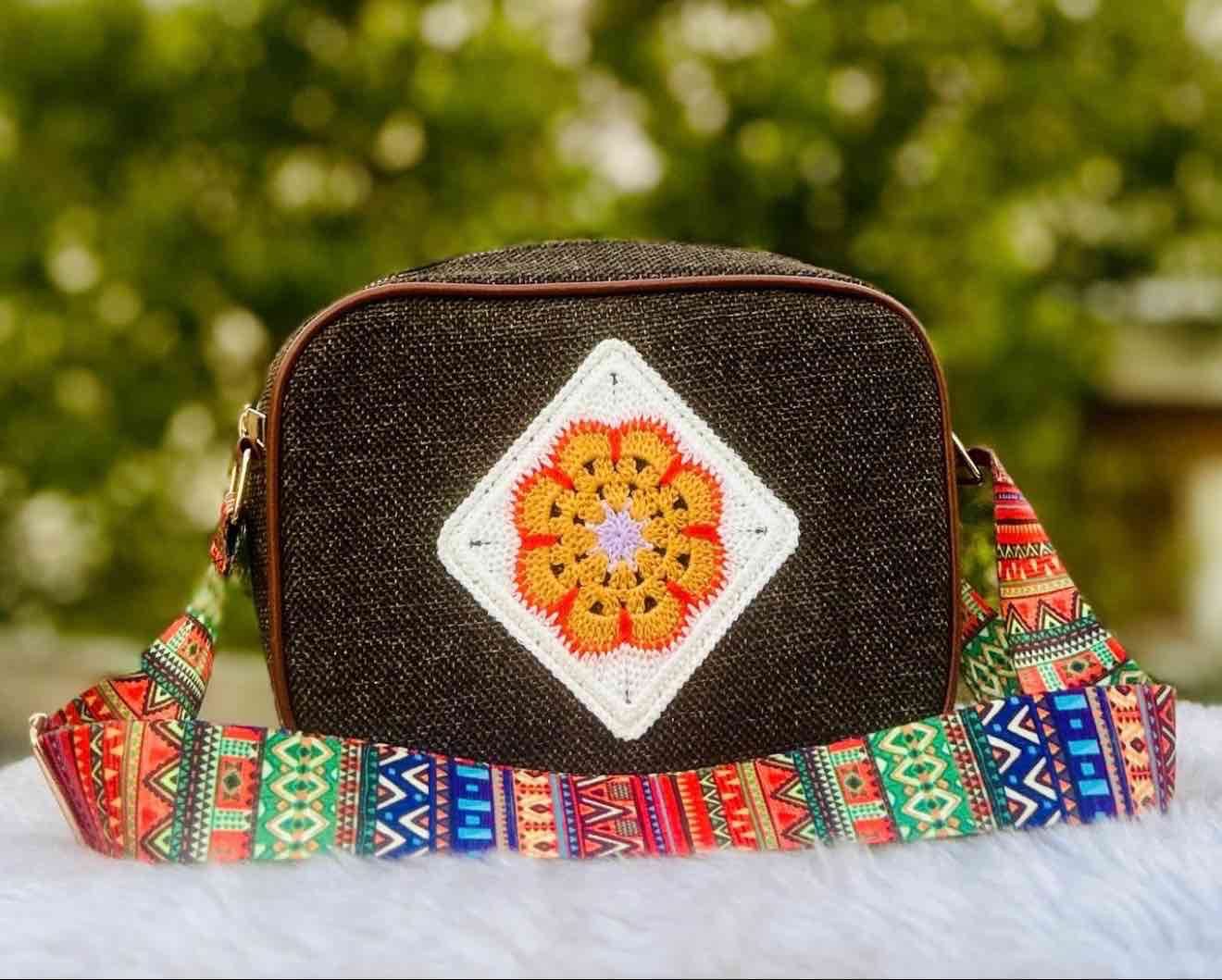 Boho Crochet Patch Linen Sling Bag