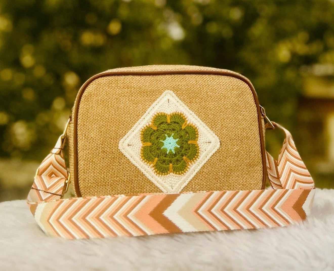 Boho Crochet Patch Linen Sling Bag