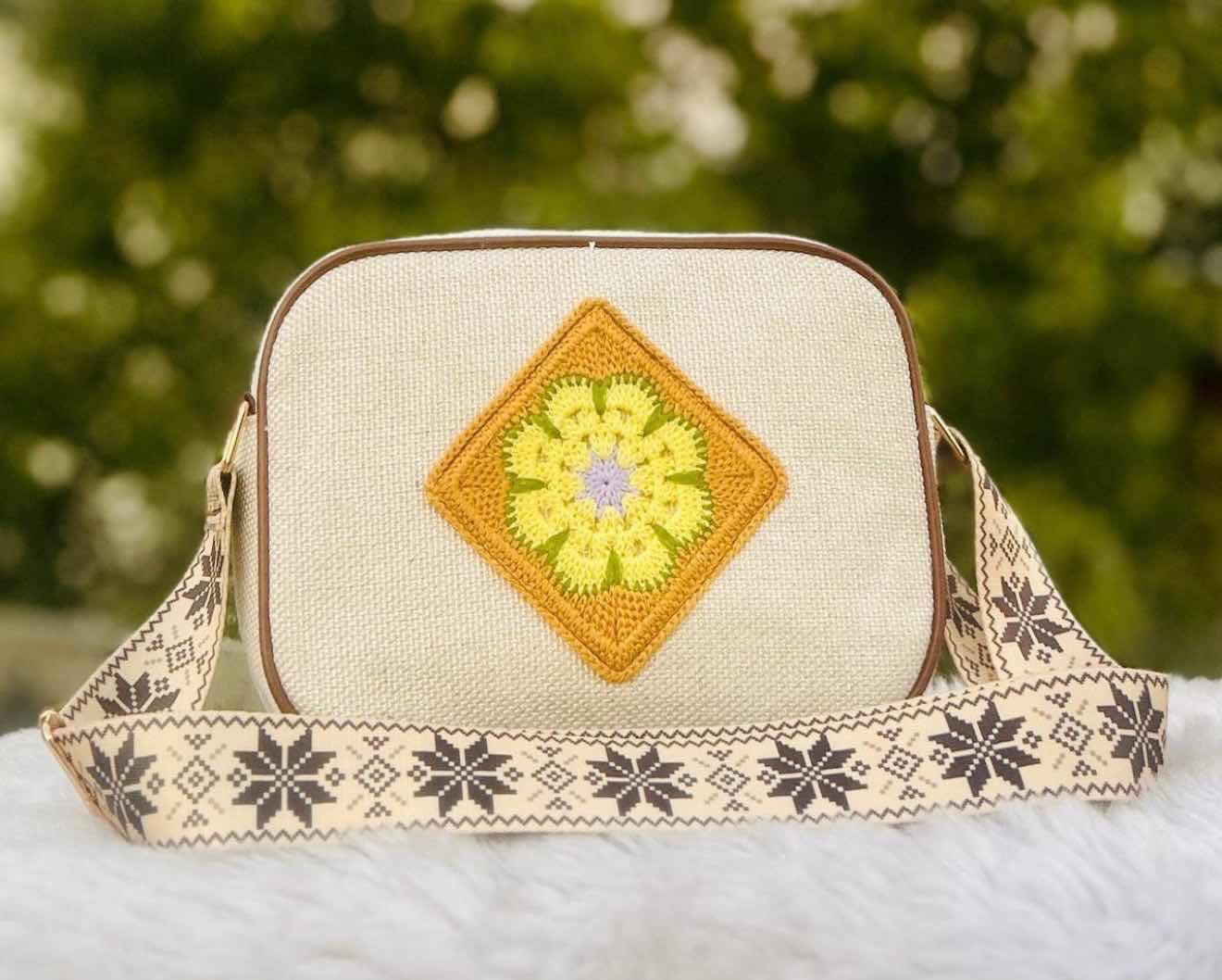 Boho Crochet Patch Linen Sling Bag
