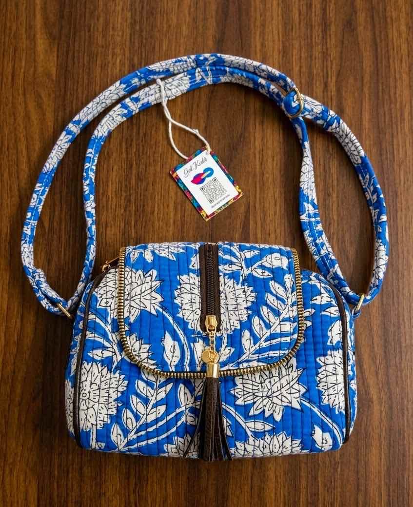 Blue Floral Block Print Quilted Sling Bag